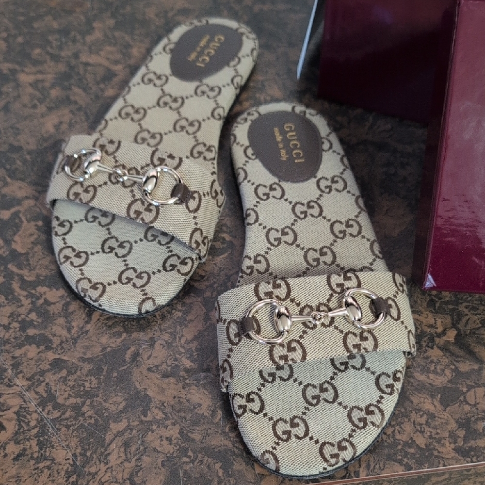 Gucci Women's Monogram Beige Slide Sandals